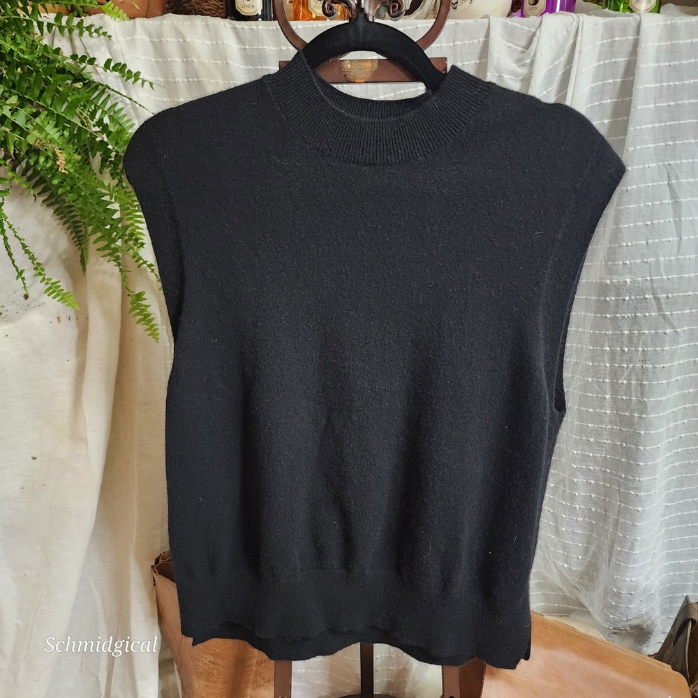 100% Cashmere Sleeveless Mock Neck Sweater Vest Black Knit Top Women